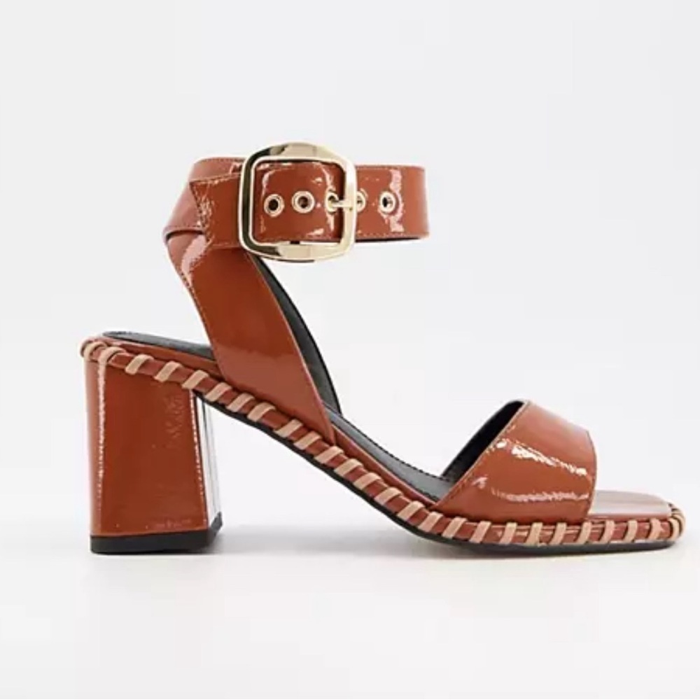 ASOS Patent Brown Block Heel Sandals with Gold Buckle